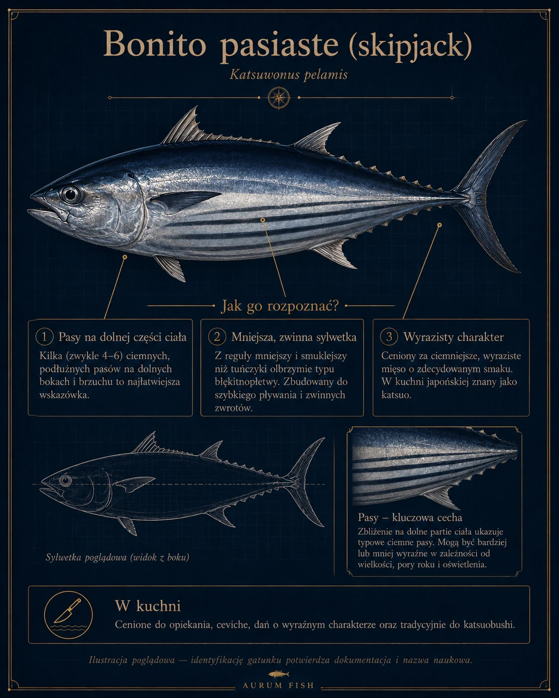 Bonito pasiaste Katsuwonus pelamis, czyli skipjack — pasy na dolnej części ciała